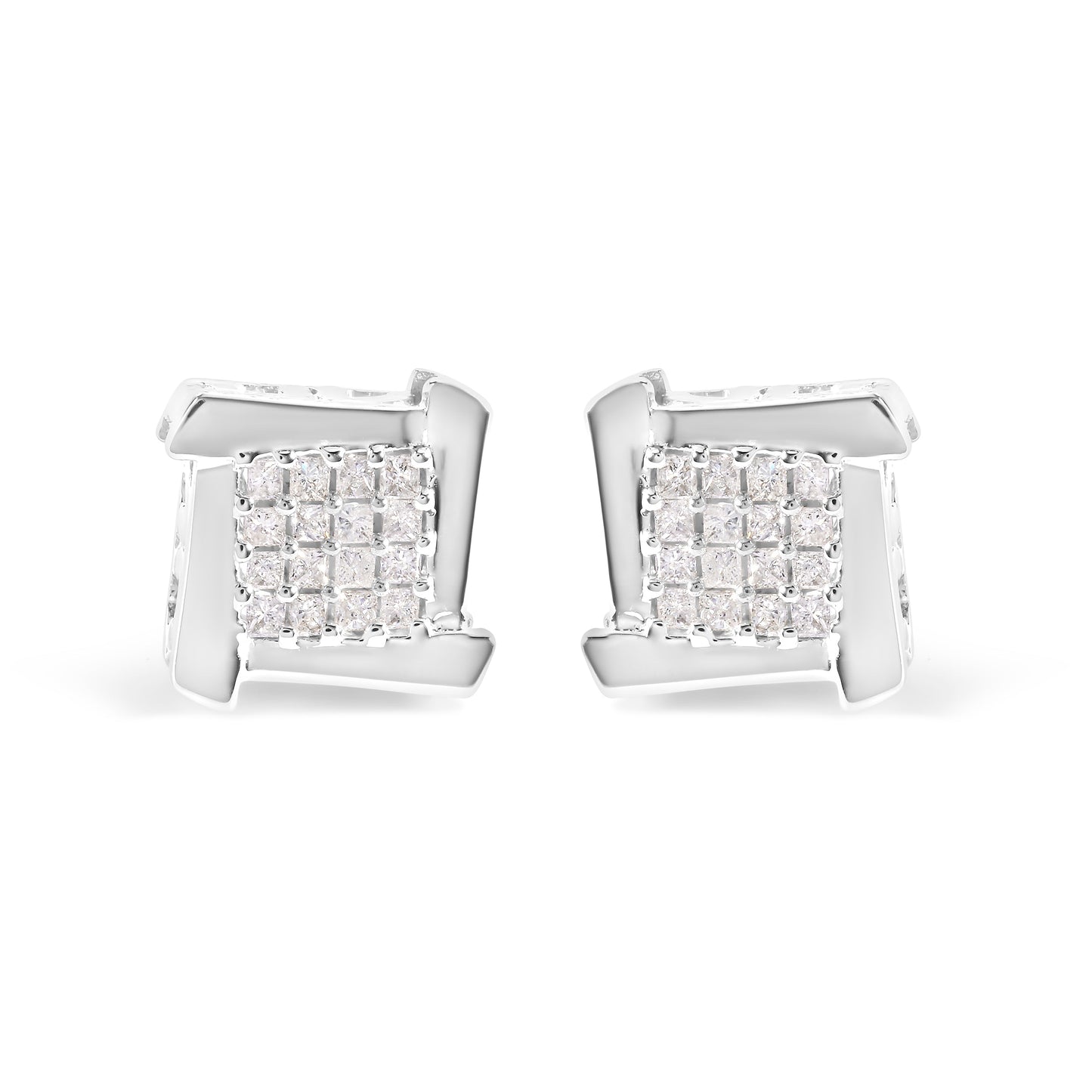10K White Gold 1/2 Cttw Composite Princess Diamond Square and Swirl Stud Earrings (I-J Color, I1-I2 Clarity)