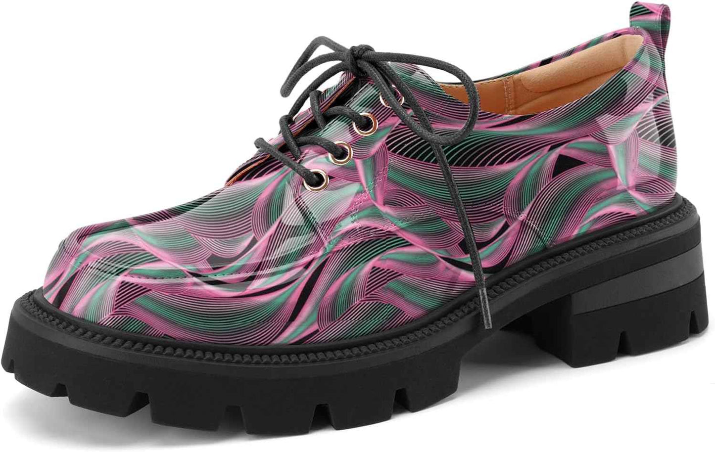 Women's Platform Low Chunky Block Heeled Oxfords Closed Round Toe Lace Up Non-Slip Patent Leather Oxford Heels Lug Sole Casual Dress Comfortable Work Pumps Shoes