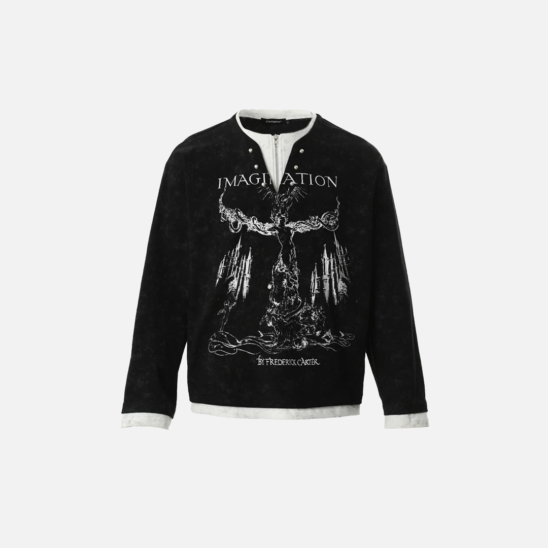 Effortless Fake Two Pieces Graffiti Print Long Sleeve T-Shirt - Luxuryurbanwear
