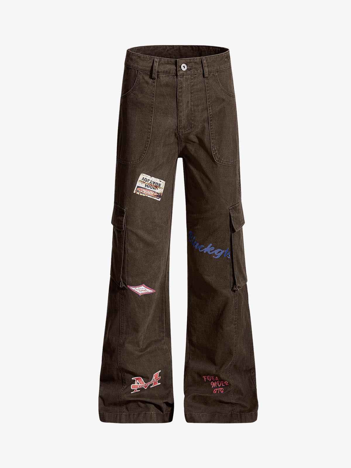 Retro Patchwork Graphic Multi-Pocket Flared Cargo Pants