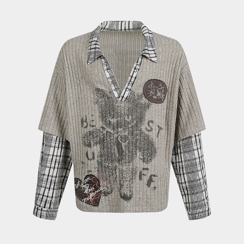 Vintage Plaid Teddy | V-Neck Sweatshirt - Luxuryurbanwear