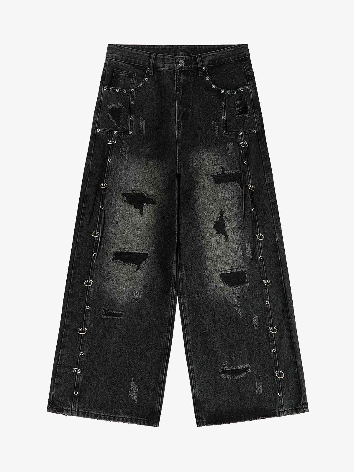 Vintage Washed Distressed Metal Ring Baggy Jeans