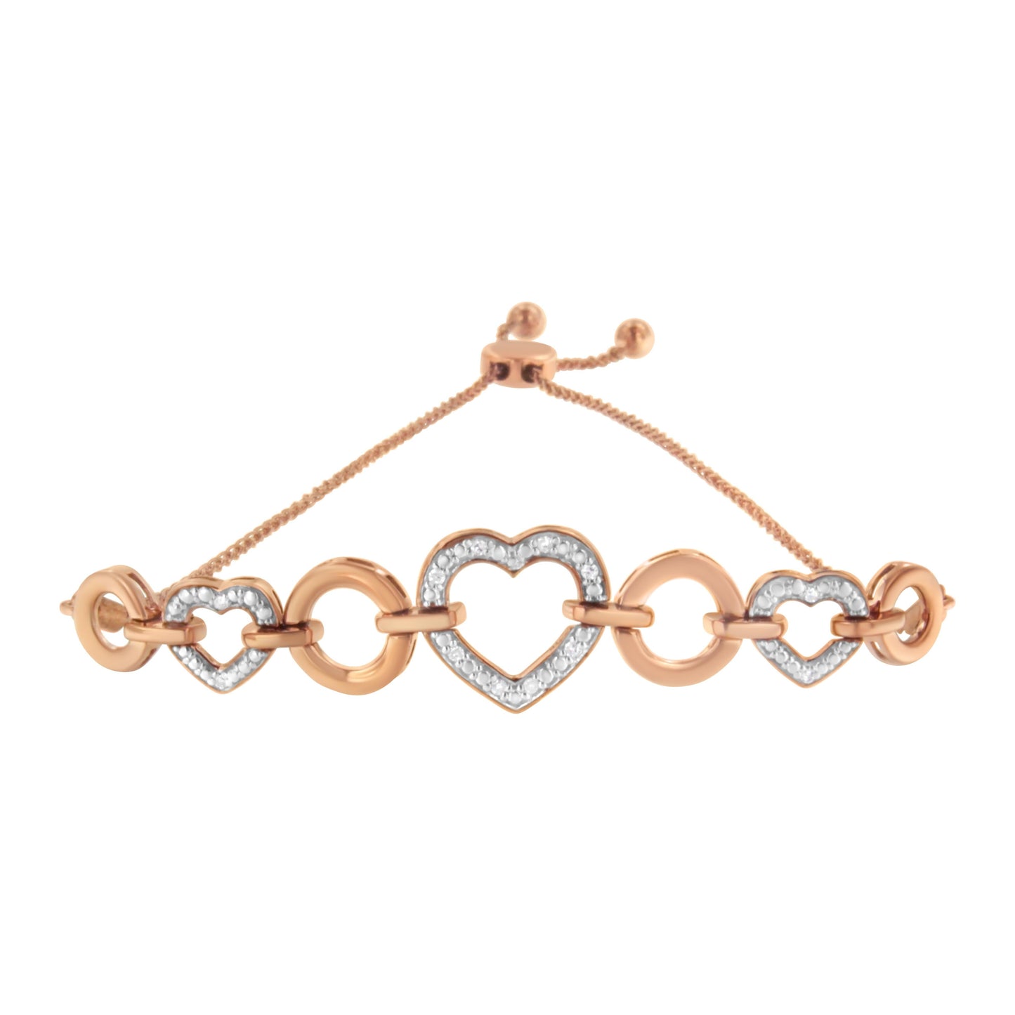 14K Rose Gold Plated .925 Sterling Silver Diamond Accent Circle and Heart Link Adjustable 6â€-10†Bolo Bracelet