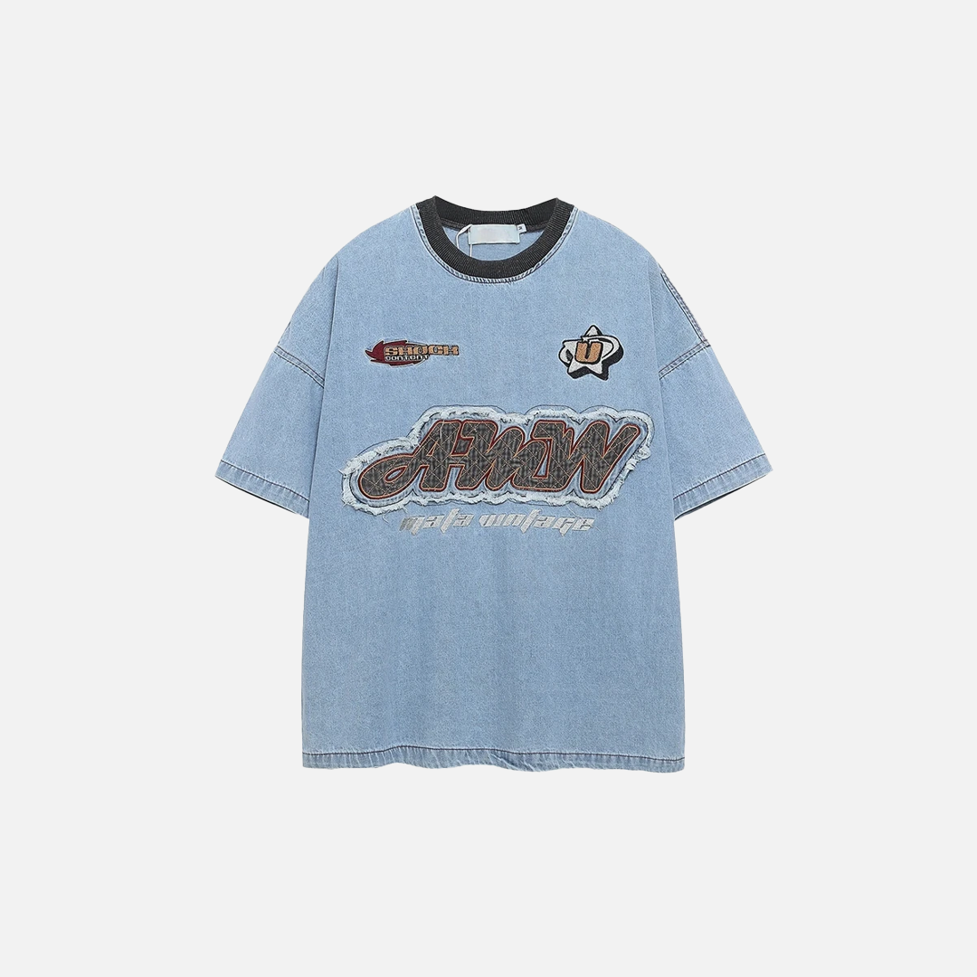 Summer Streetwear Embroidered Patch Denim T-Shirt - Luxuryurbanwear