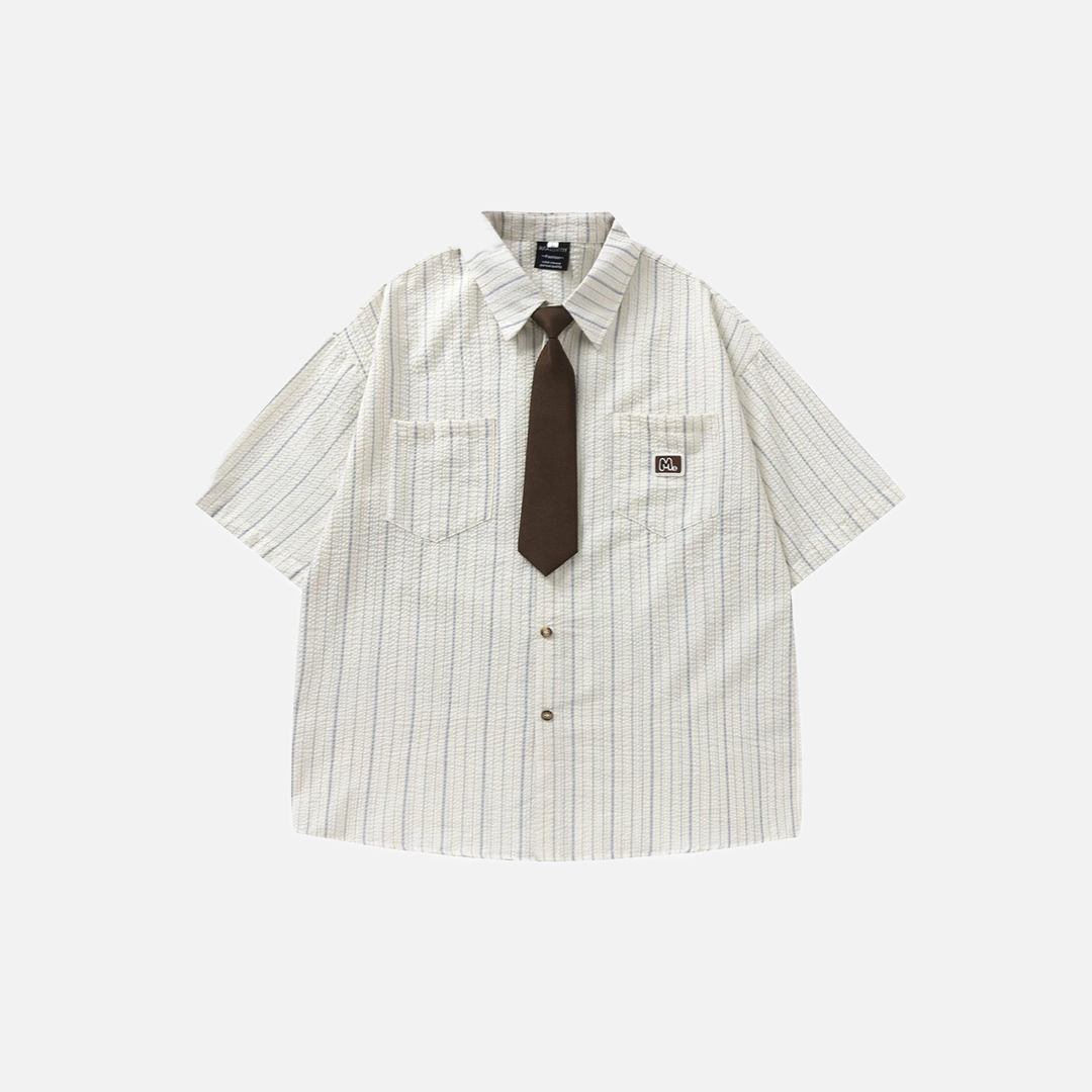 Elevated Japanese Style With Tie Loose Short Sleeve Shirt - Luxuryurbanwear