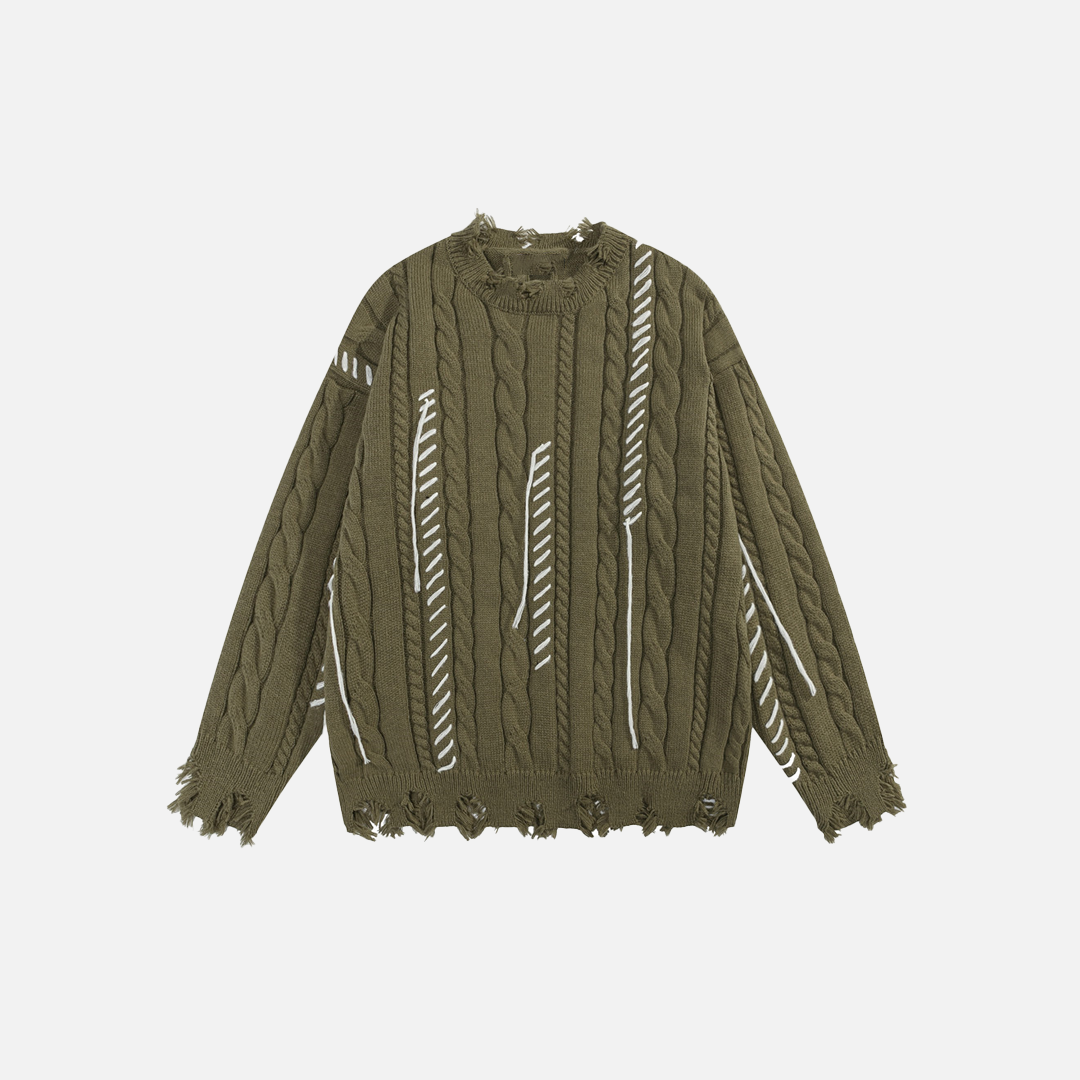 Twist Tear Contrast Stitch Ripped Crewneck Sweater - Luxuryurbanwear