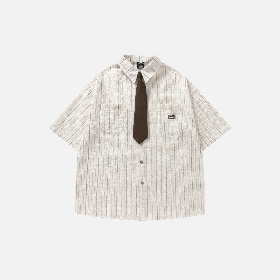 Elevated Japanese Style With Tie Loose Short Sleeve Shirt - Luxuryurbanwear