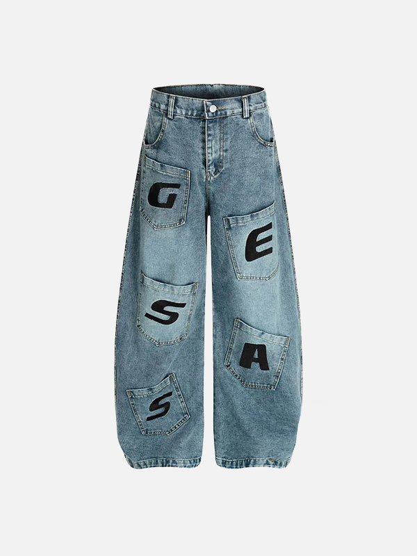 Irregular Patchwork Cargo Denim Wide Leg Jeans - Luxuryurbanwear