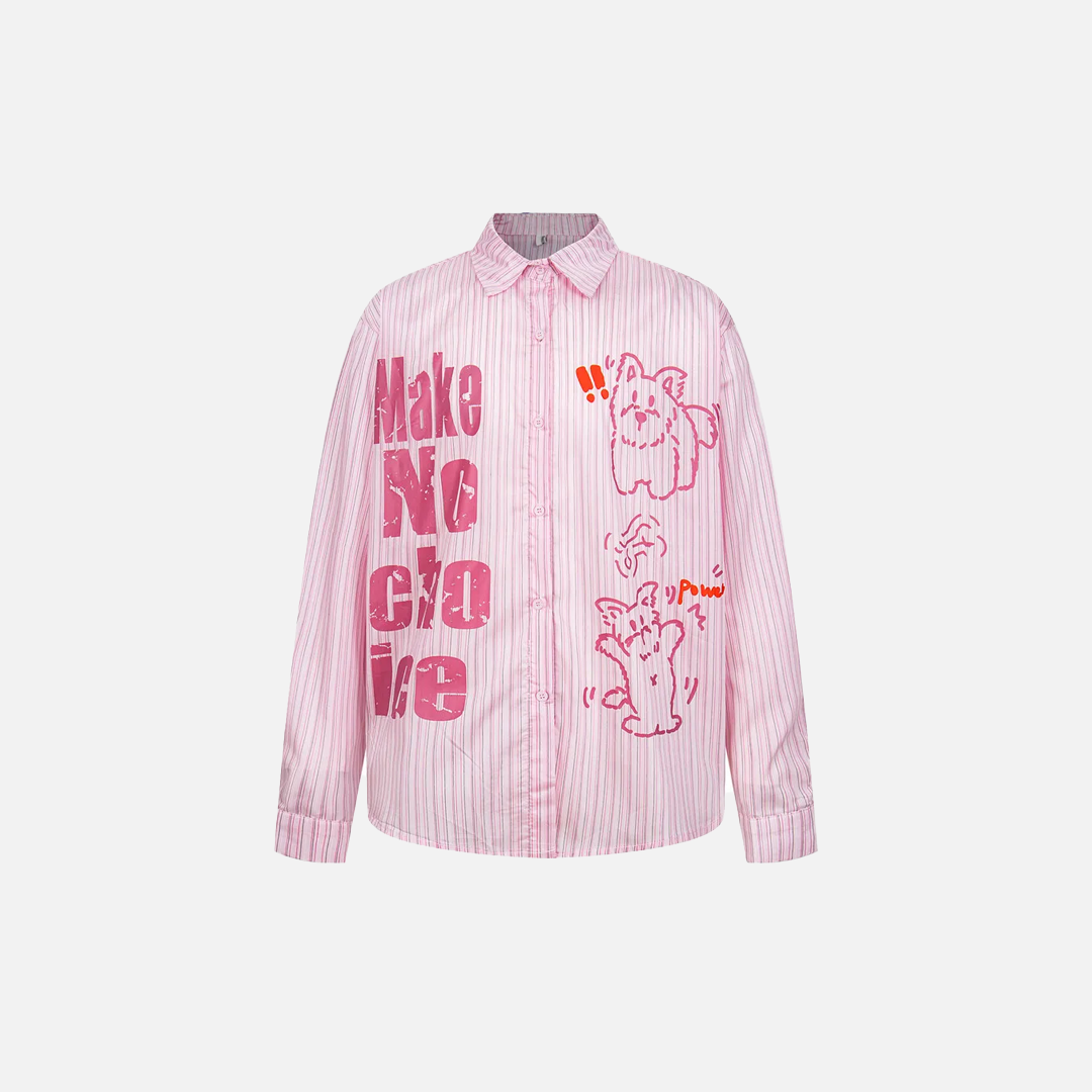 Retro Striped Cartoon Print Lapel Long Sleeve Shirt - Luxuryurbanwear