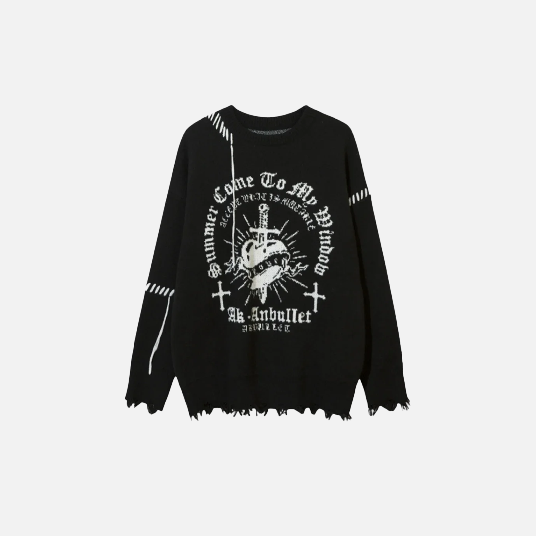 Gothing Vintage Heart Cross Torn Knitted Sweater - Luxuryurbanwear