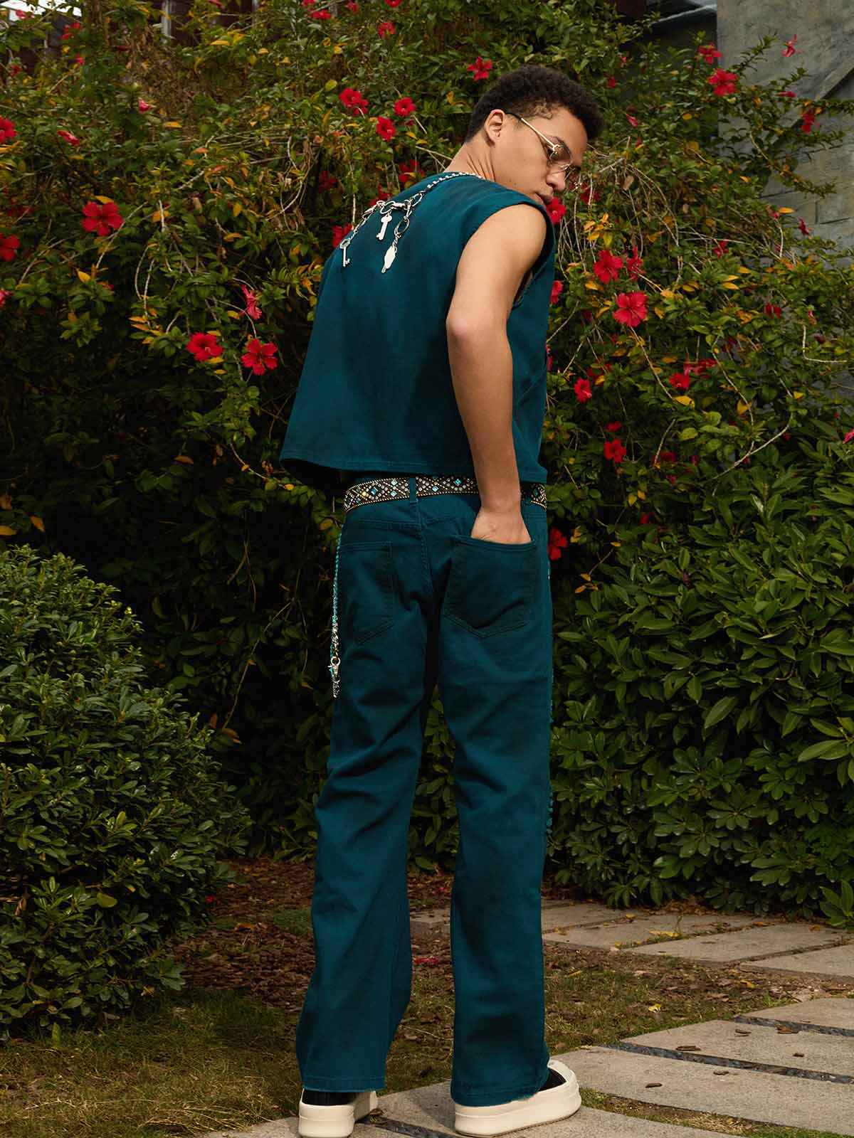 Airbrush Print Sleeveless Vest & Straight Leg Jeans Set