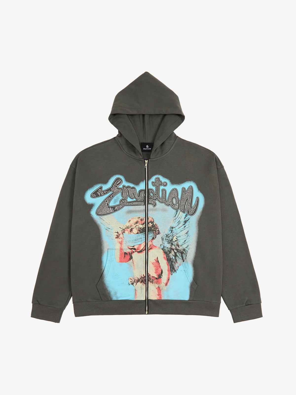 Vintage Blindfolded Angel Rhinestone Zip-Up Hoodie