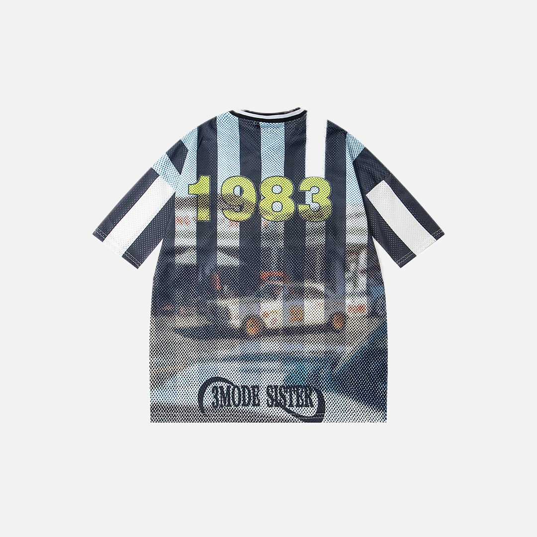 Mesh Retro Striped Print Short Sleeve Jersey T-Shirt - Luxuryurbanwear