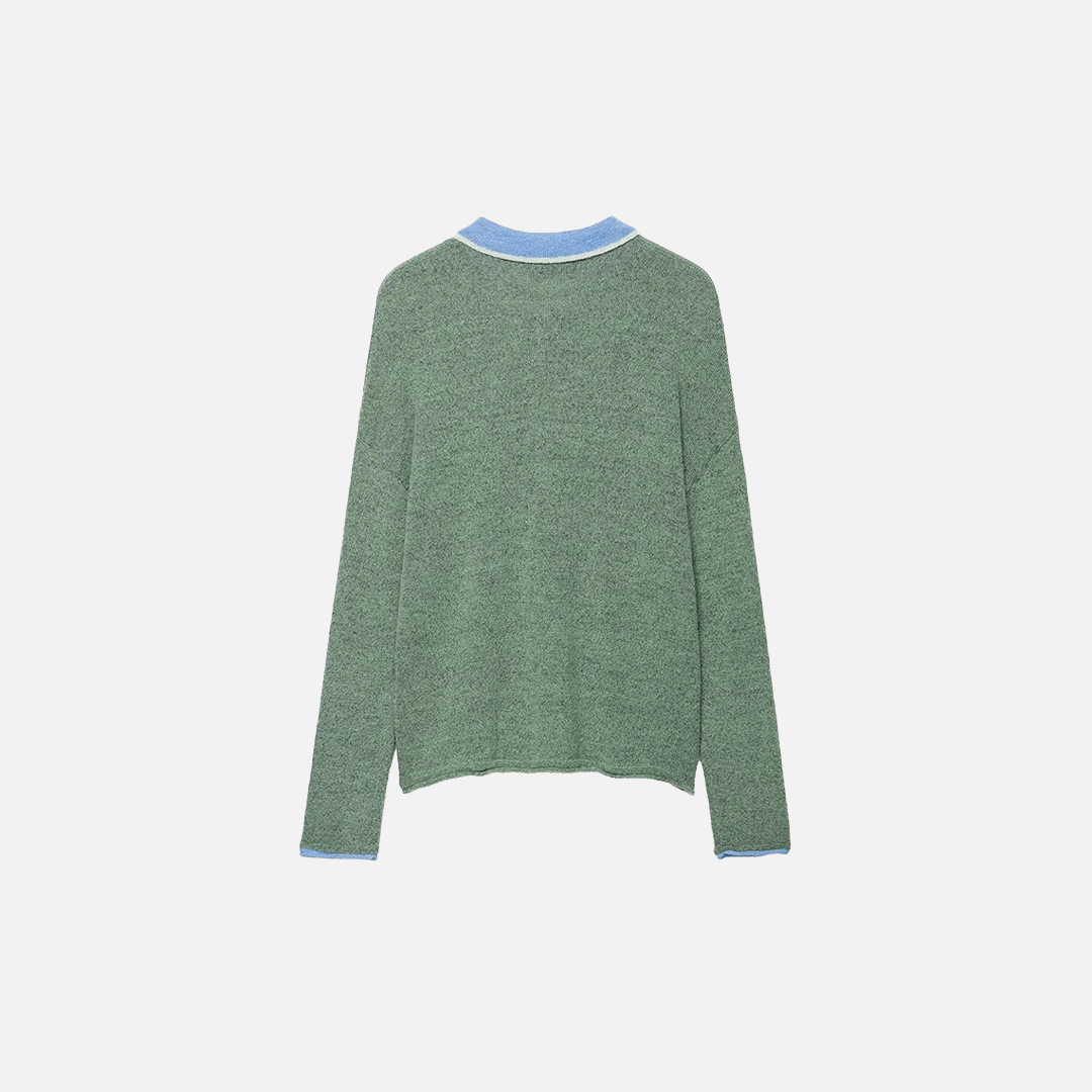 Cozy Soft Green Knitted Polo Collar Sweater - Luxuryurbanwear