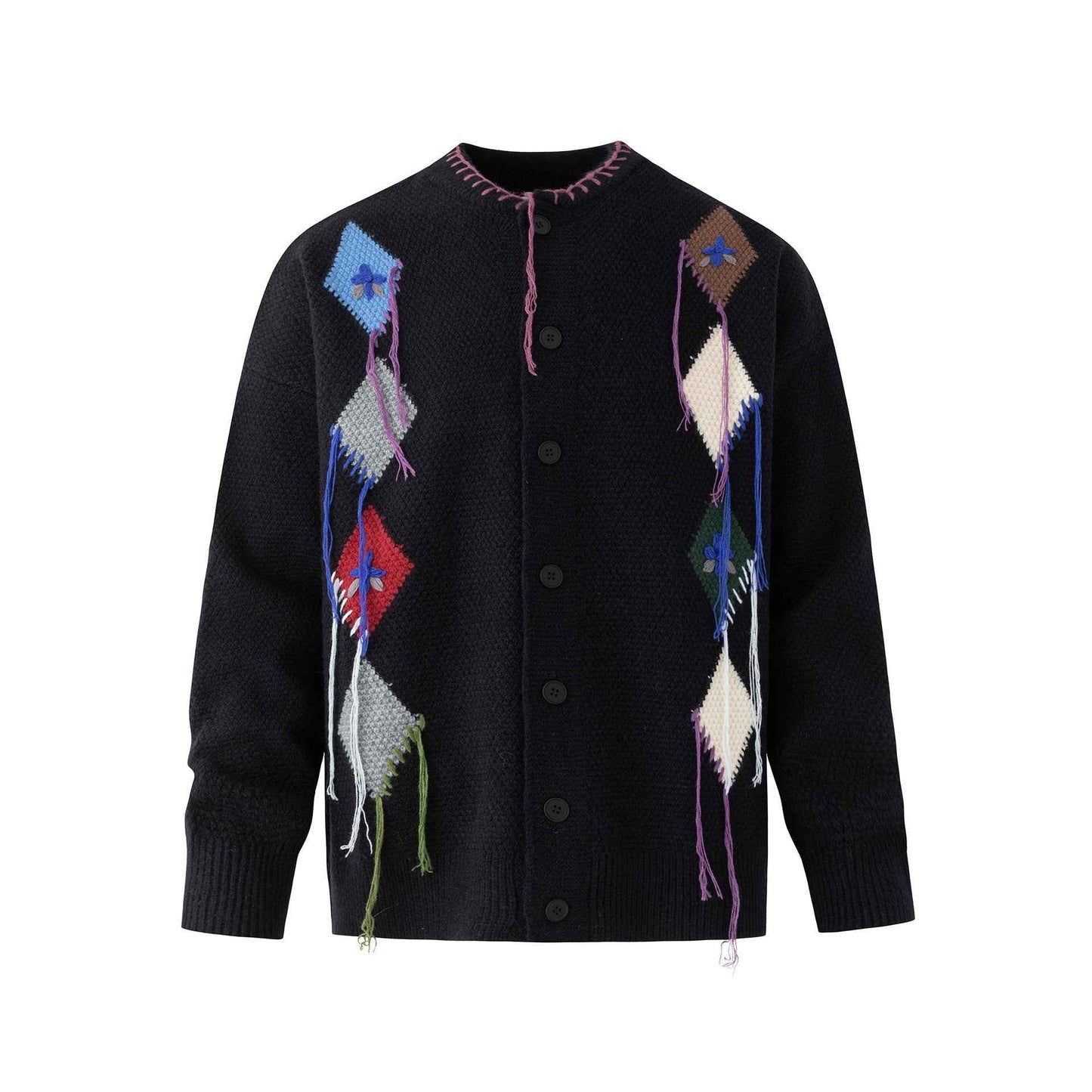 Vintage Patchwork Diamond Knit Fringe Button-Up Cardigan