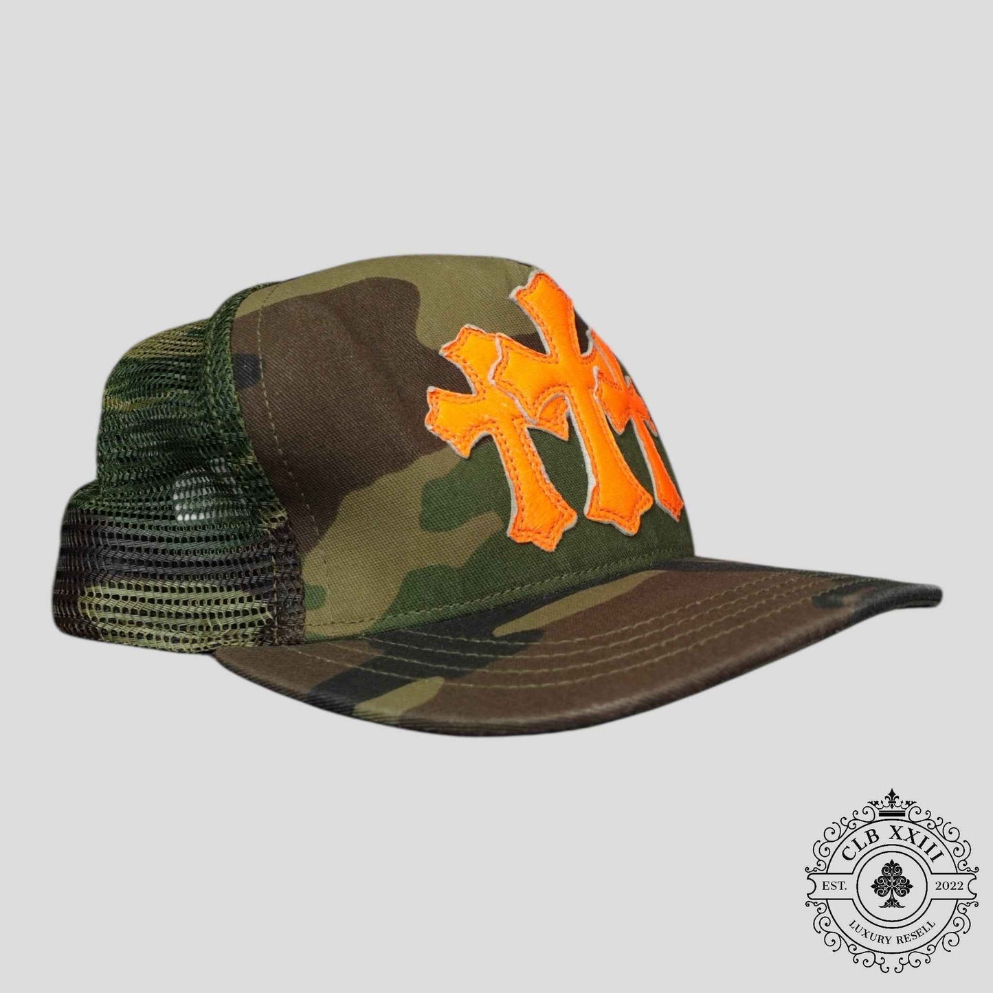 Chrome Hearts Leather Triple Cross Trucker Hat in Camo/Orange
