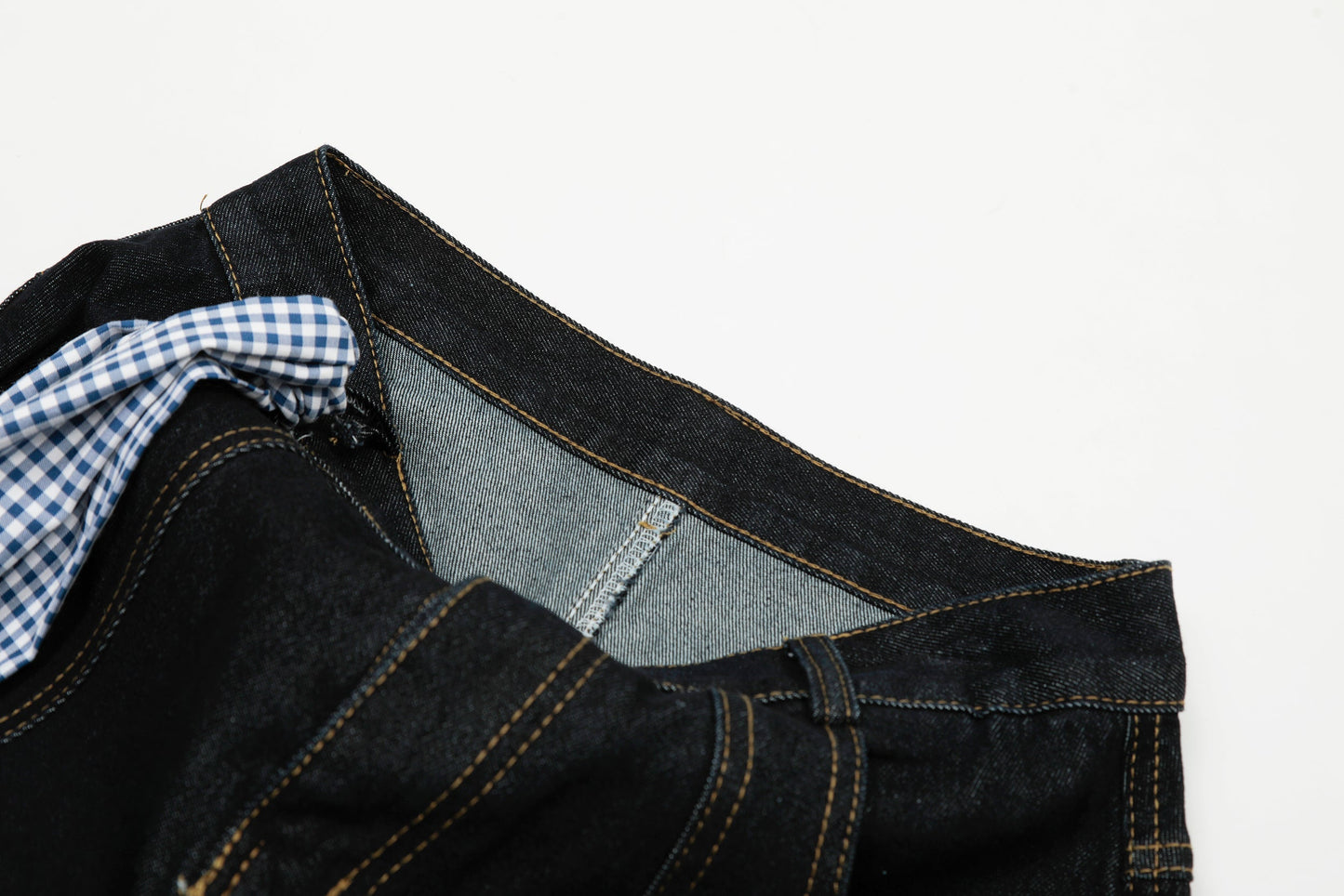 Gingham Tie Barrel Baggy Jeans - Sculptural Gingham Detail Denim | LuxuryUrbanwear - Luxuryurbanwear