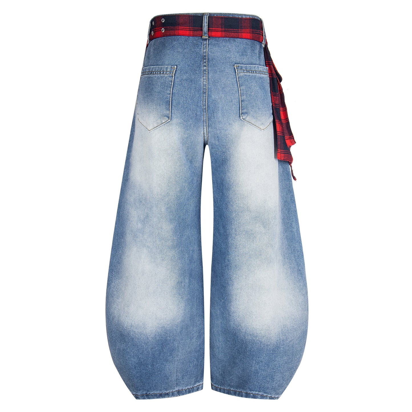 Plaid Reign | Wide-Leg Denim Trousers with Flannel Accent - Luxuryurbanwear