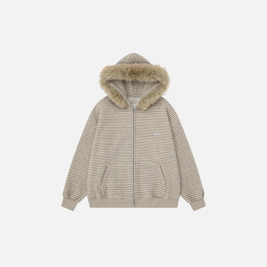 European Style Striped Loose Faux Fur Hooded Sweatshirt - Luxuryurbanwear
