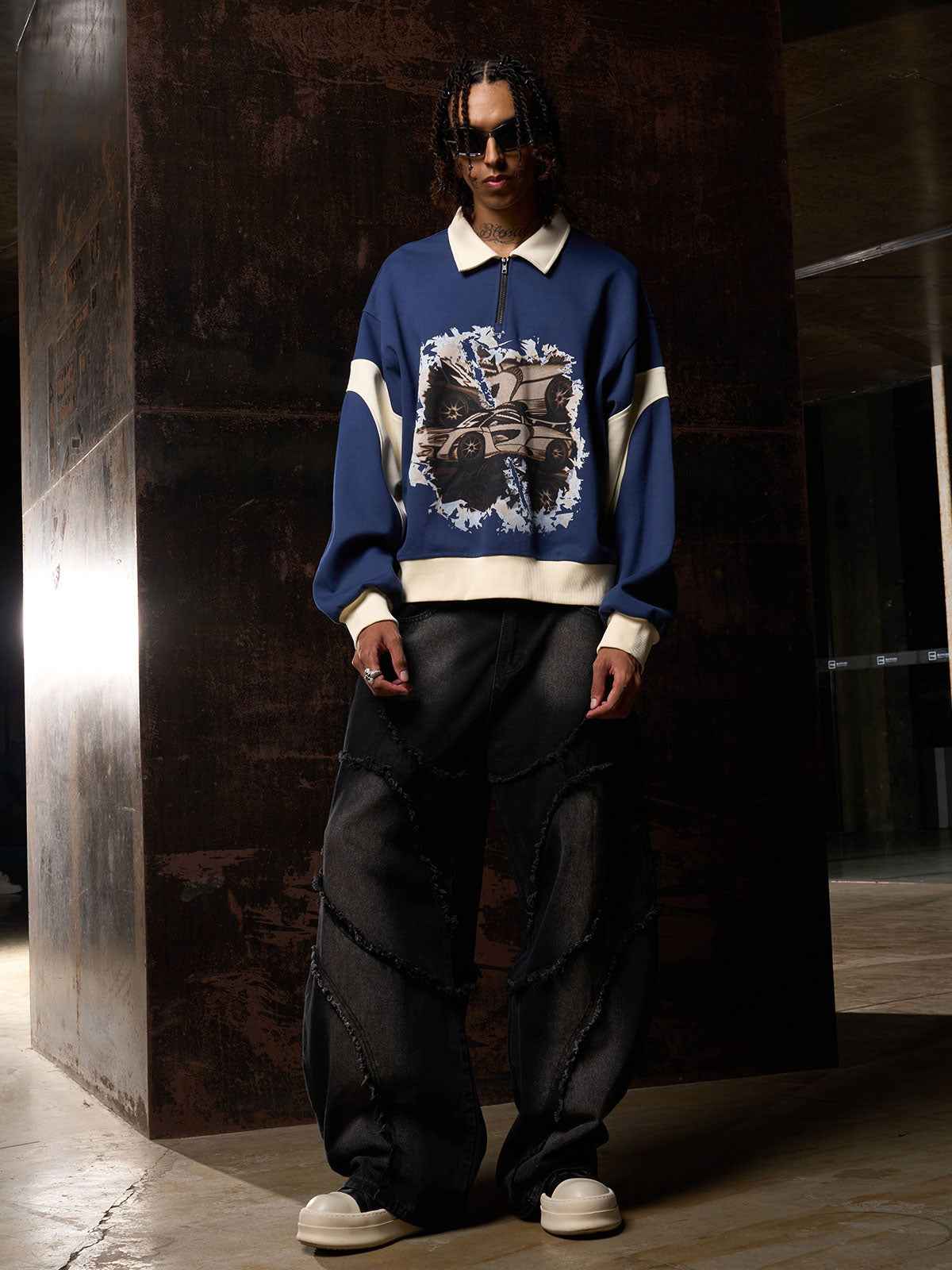Original Racing Style Print Lapel Sweatshirt