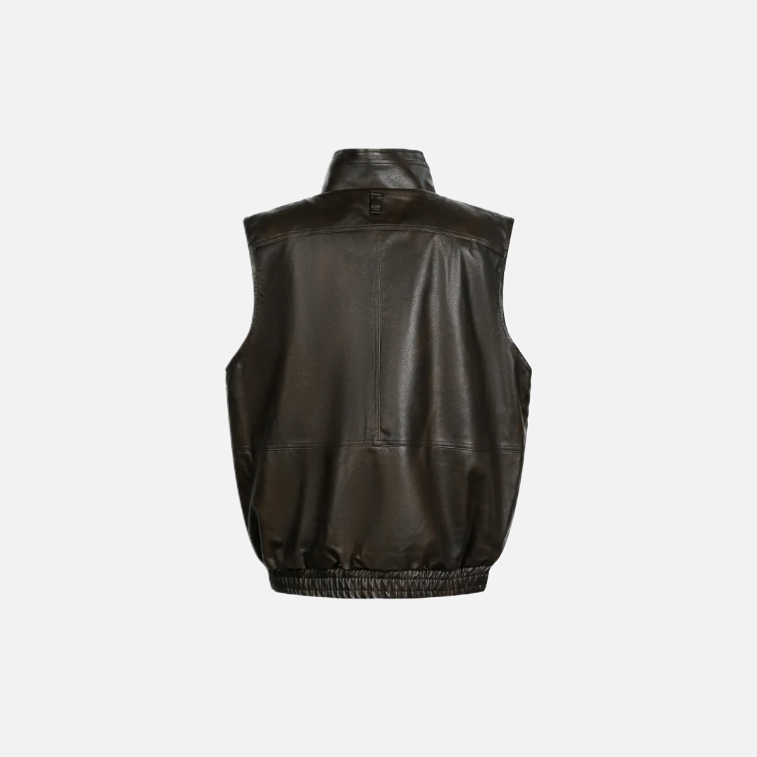 Retro Rivets Stand Collar Motorcycle Leather Vest - Luxuryurbanwear
