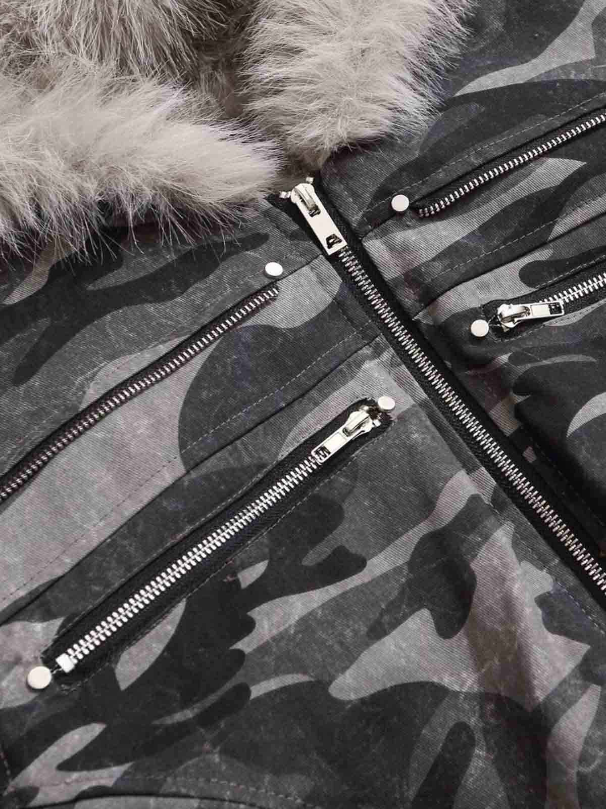Vintage Camo Faux Fur Hood Padded Bomber Jacket