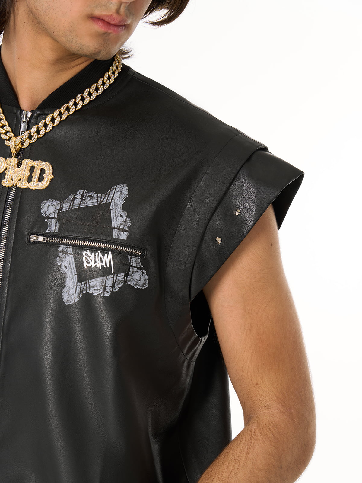 Thorn Destruction Frame Pattern Leather Vest - Luxuryurbanwear