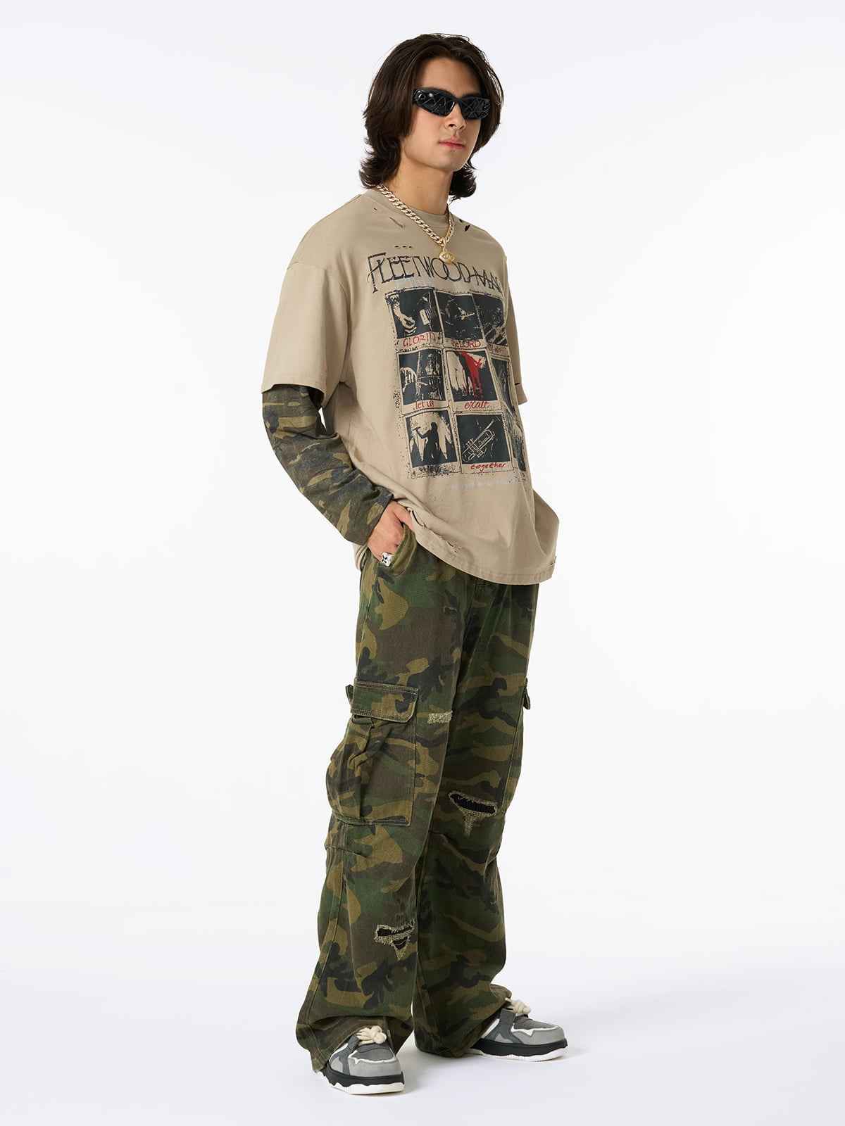 Jersey Distressed Camouflage Faux Two-Piece Graphic T-Shirt - 2420