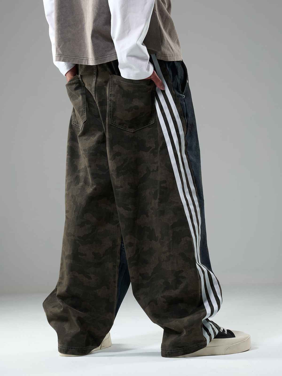 Washed Stripe Patchwork Totem Print Baggy Jeans