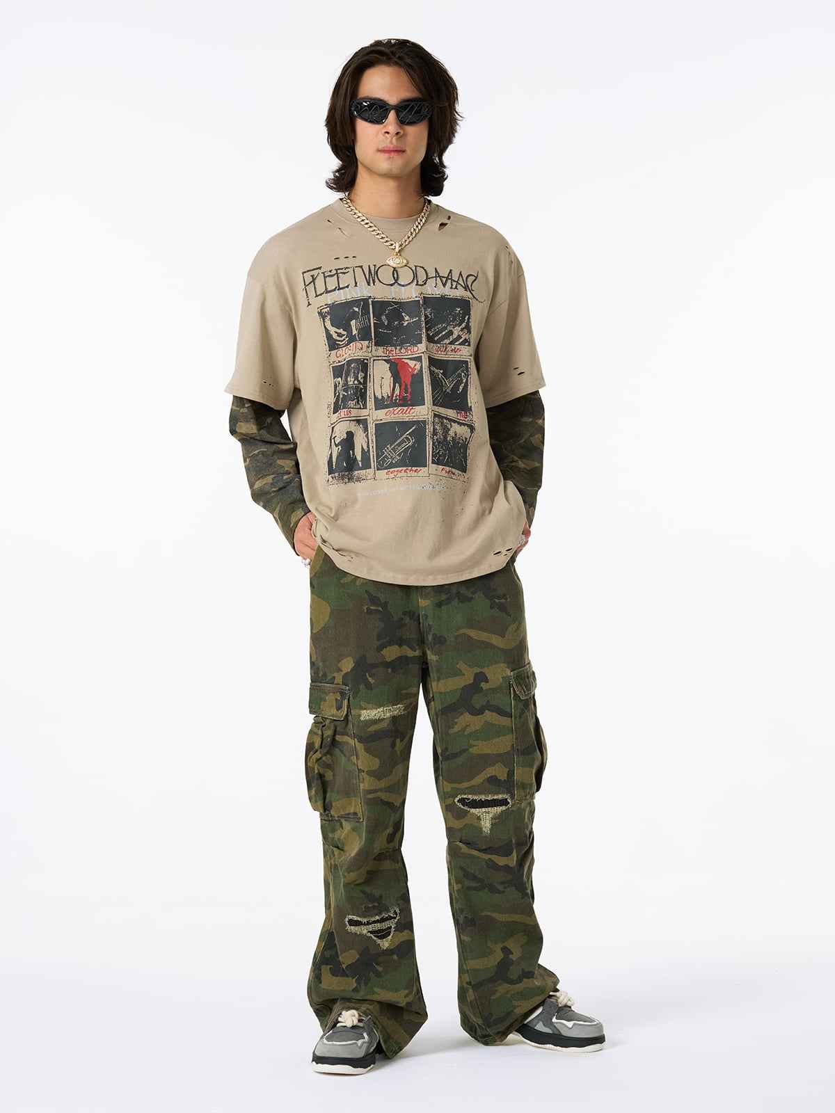 Jersey Distressed Camouflage Faux Two-Piece Graphic T-Shirt - 2420