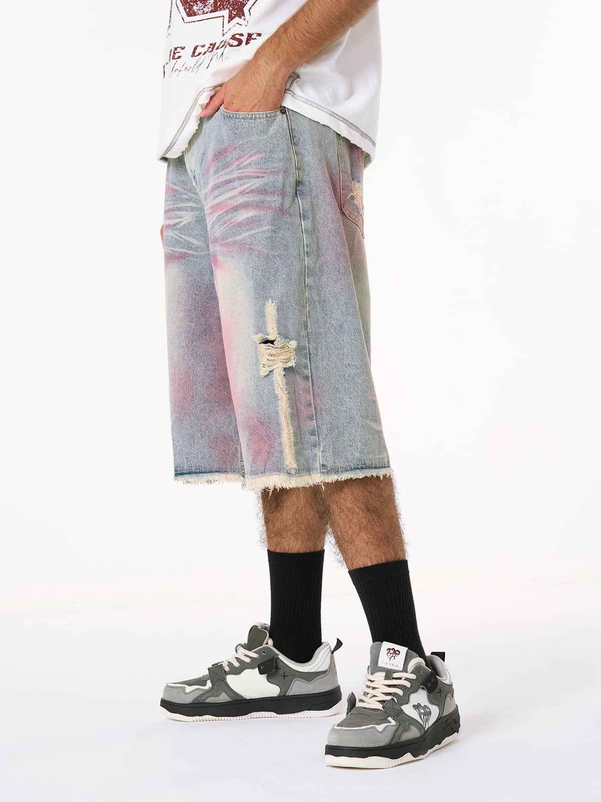 Distressed Tie-Dye Denim Jorts