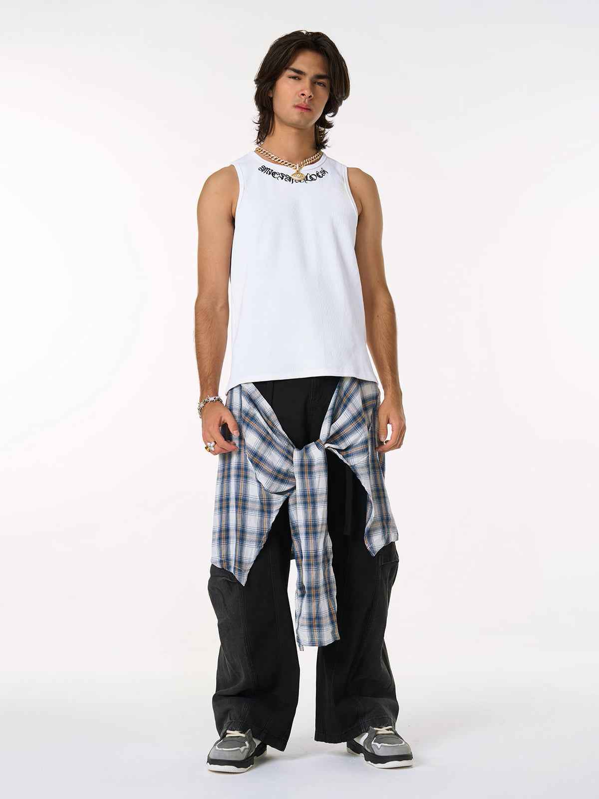 Denim Faux Two-piece Plaid Detachable Scimitar Jeans - 2435