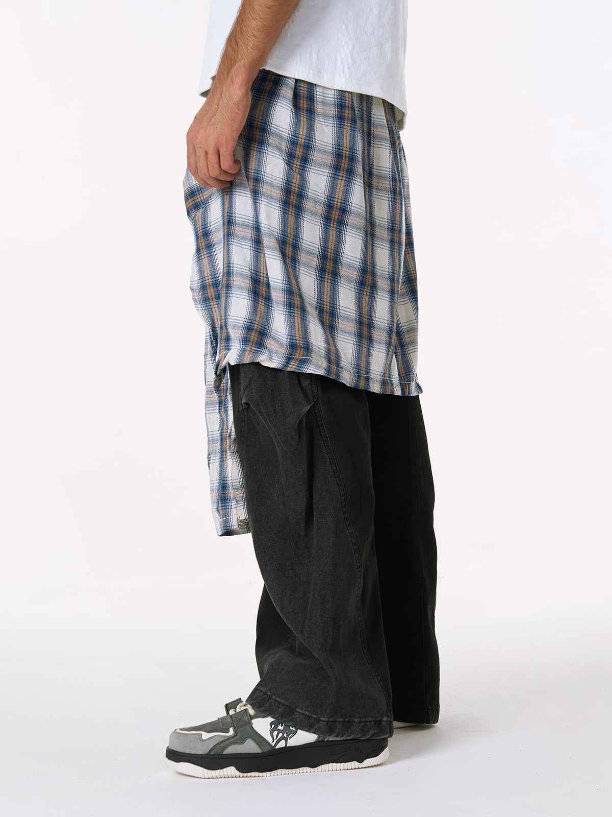 Denim Faux Two-piece Plaid Detachable Scimitar Jeans - 2435