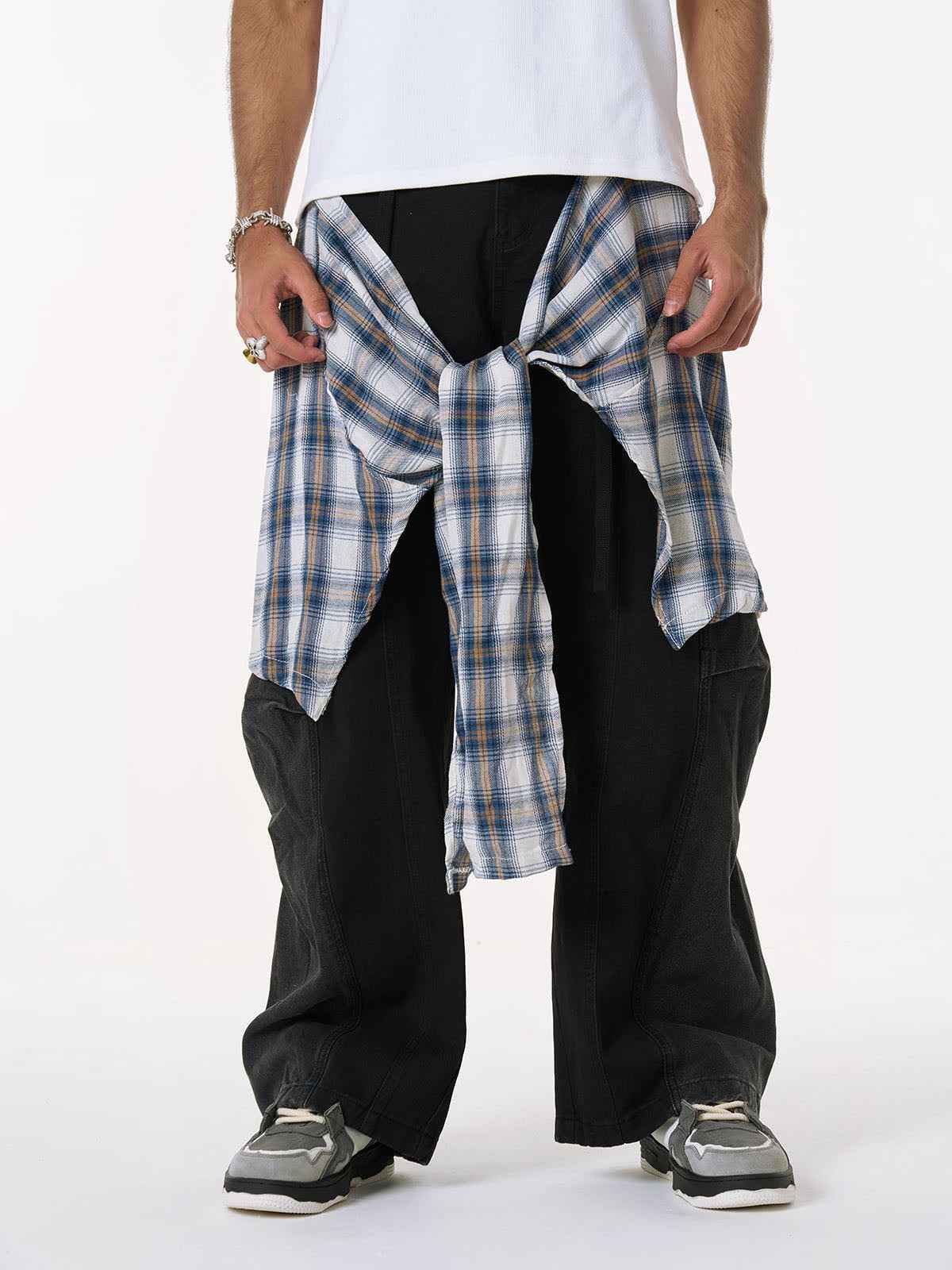 Denim Faux Two-piece Plaid Detachable Scimitar Jeans - 2435