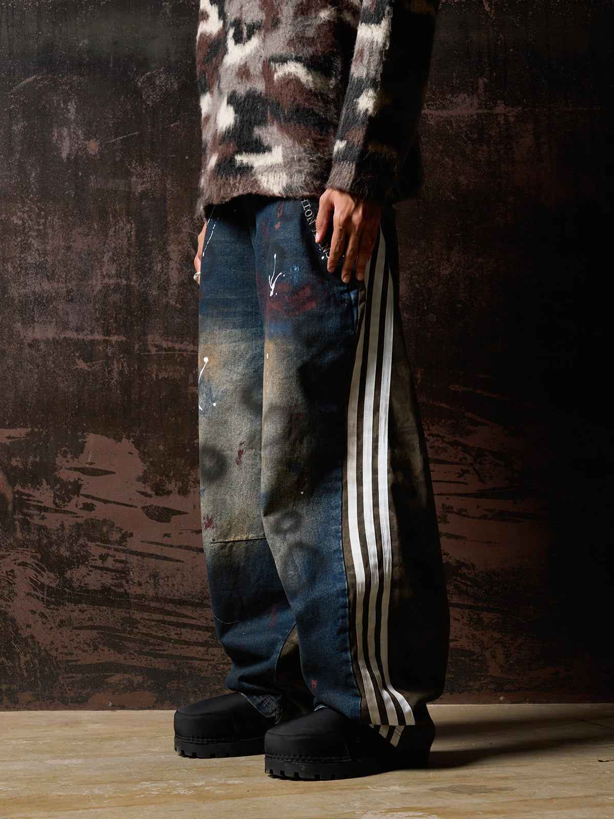Washed Stripe Patchwork Totem Print Baggy Jeans