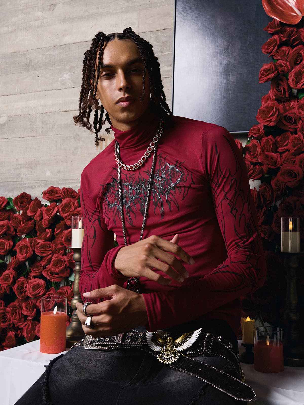 Dark Style Printed Slim Mesh Long Sleeves T-Shirt