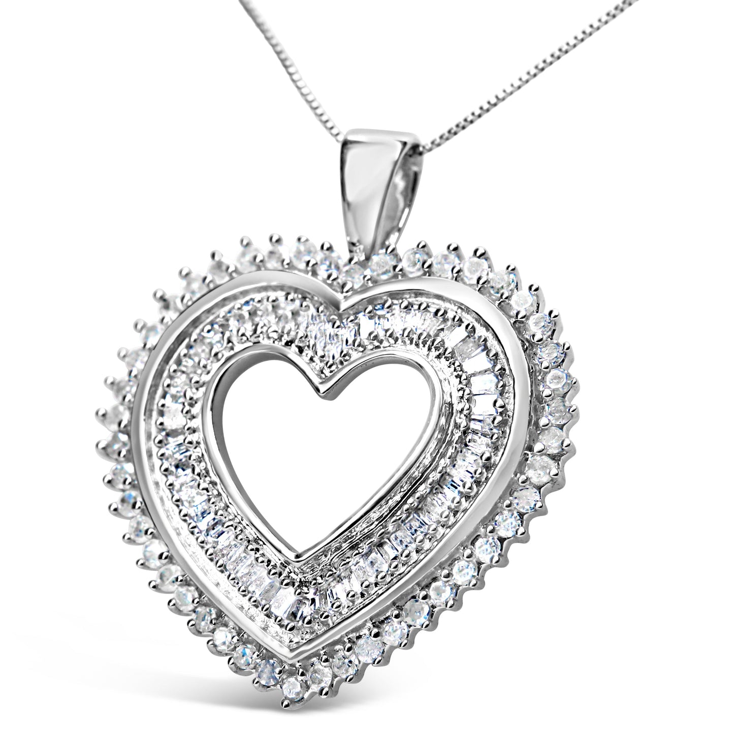 .925 Sterling Silver 1.0 Cttw Baguette and Round Diamond Heart Pendant 18" Necklace (H-I Color, I3 Clarity)