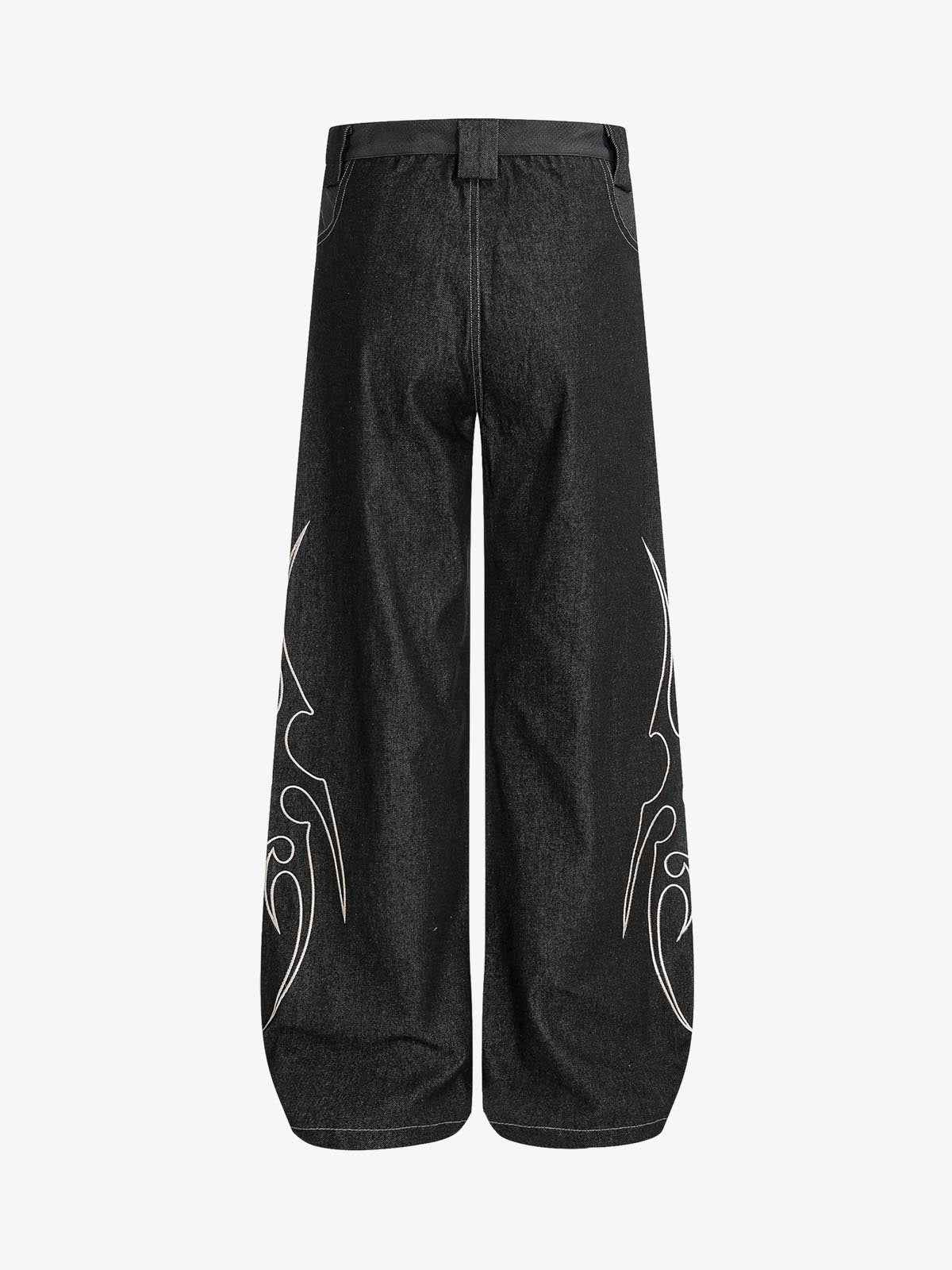 Flame Embroidered Wide Leg Washed Denim Jeans