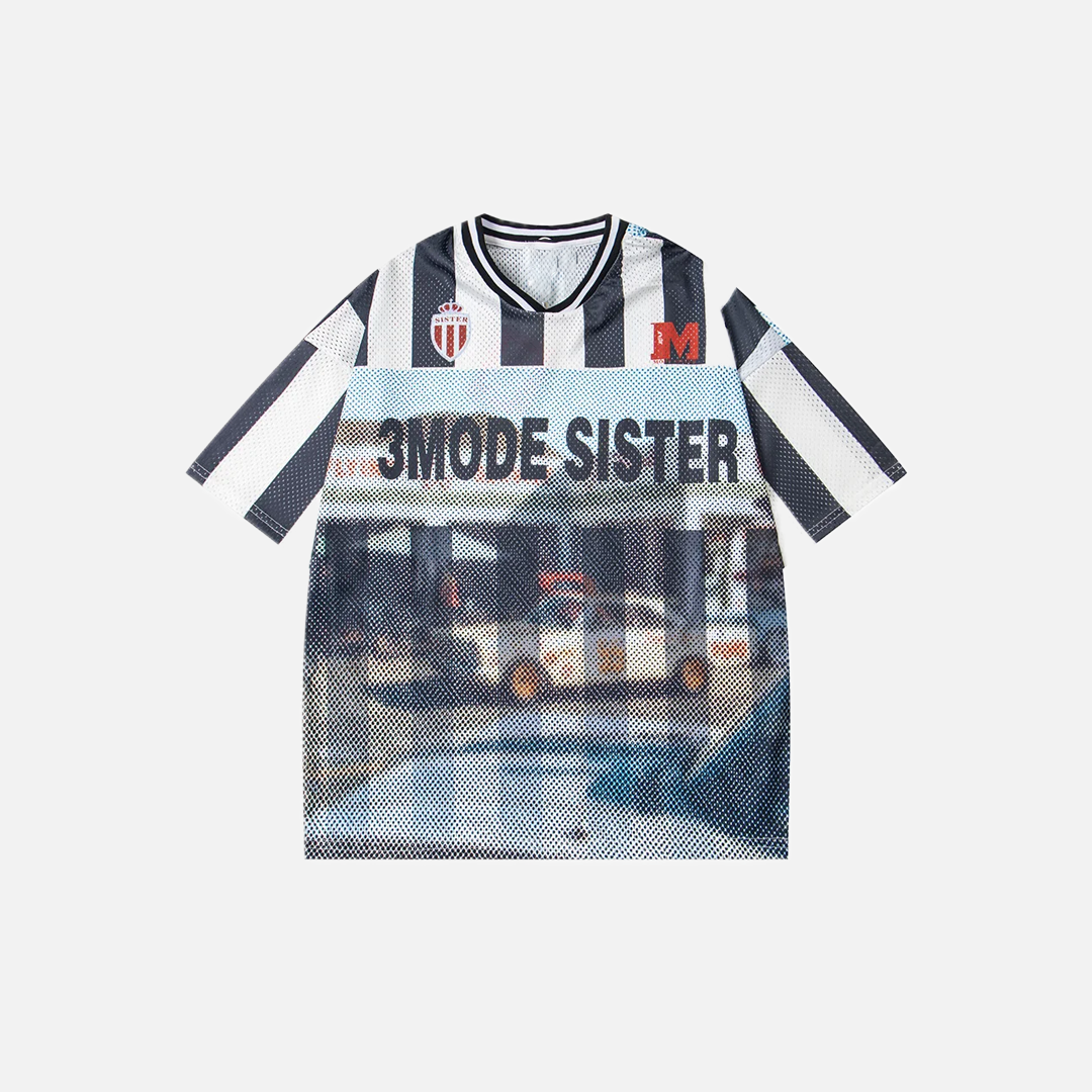 Mesh Retro Striped Print Short Sleeve Jersey T-Shirt - Luxuryurbanwear