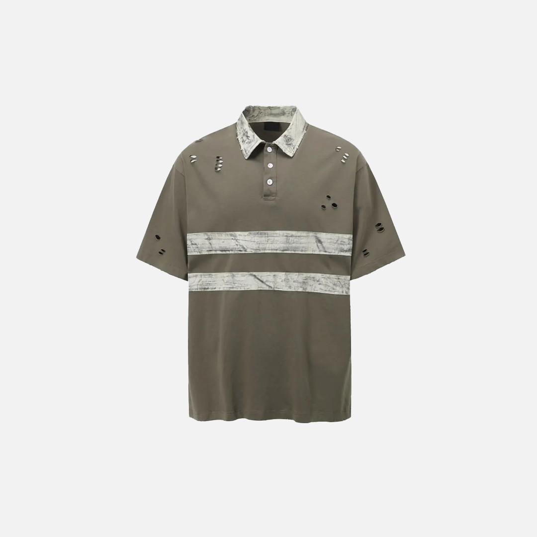 Retro Punk Grunge Patched Ripped Polo Collar T-Shirt - Luxuryurbanwear