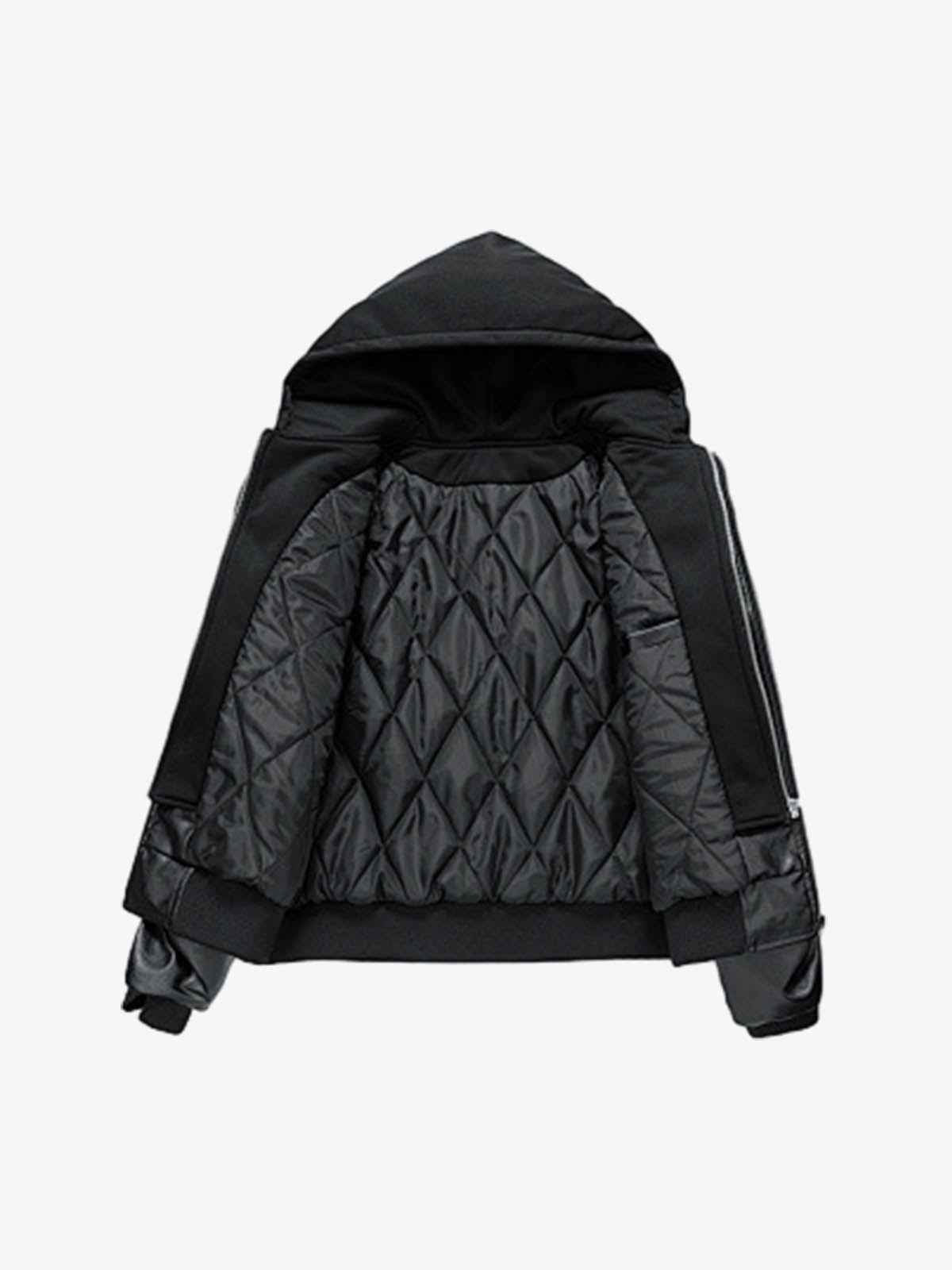 Retro Leather Faux Two-Piece Hooded Padded Bomber Jacket