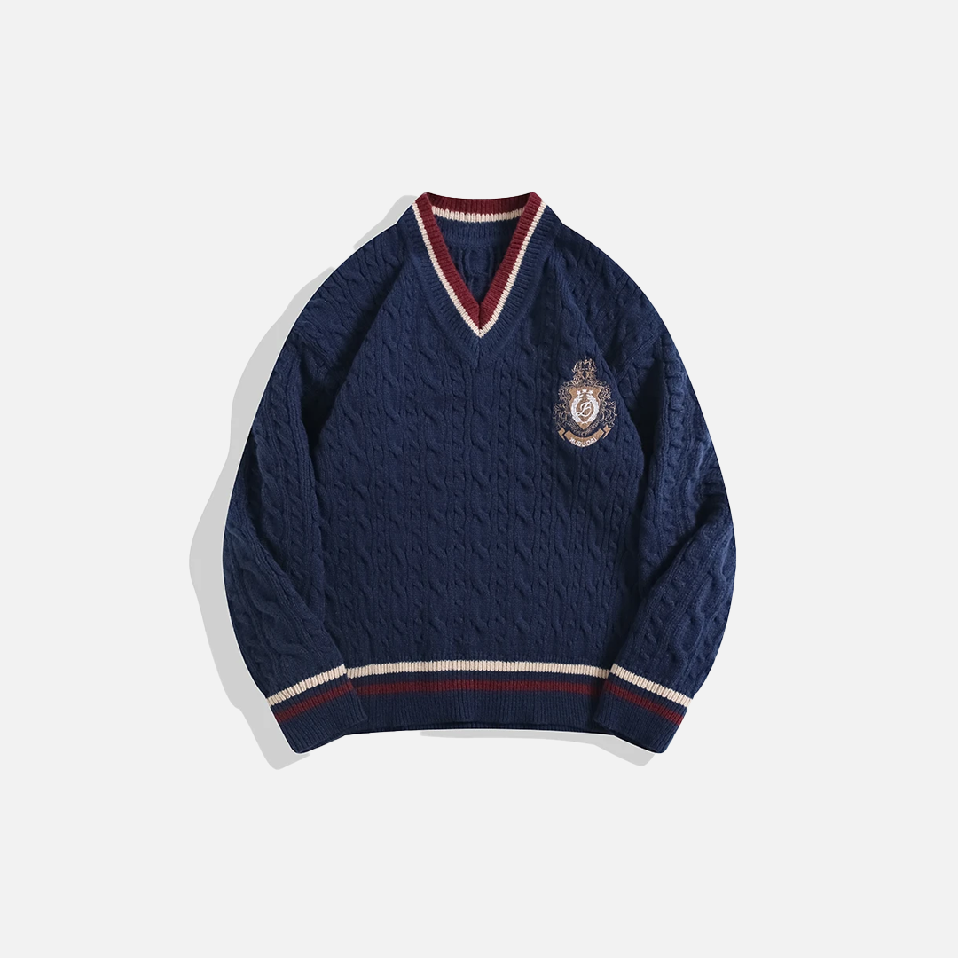 Premium Retro College Style V-Neck Collar Sweater - Luxuryurbanwear