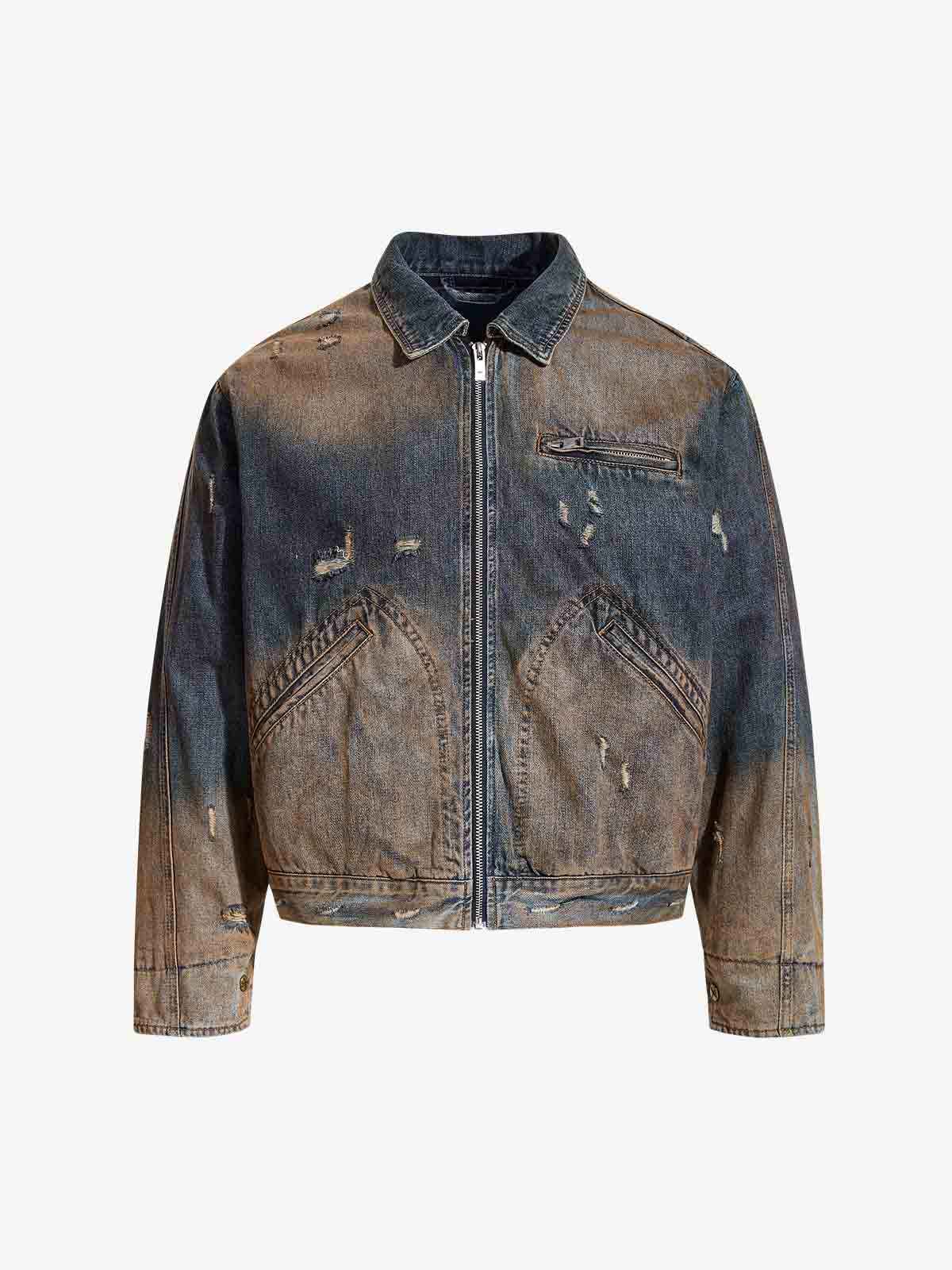 Vintage Washed Distressed Denim Zip Up Jacket