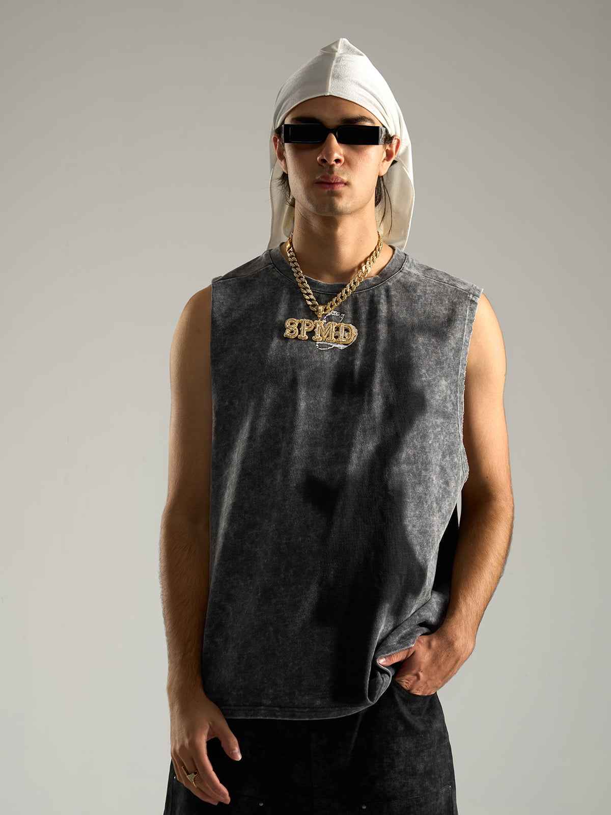 Cross-Print Distressed Washed Vest