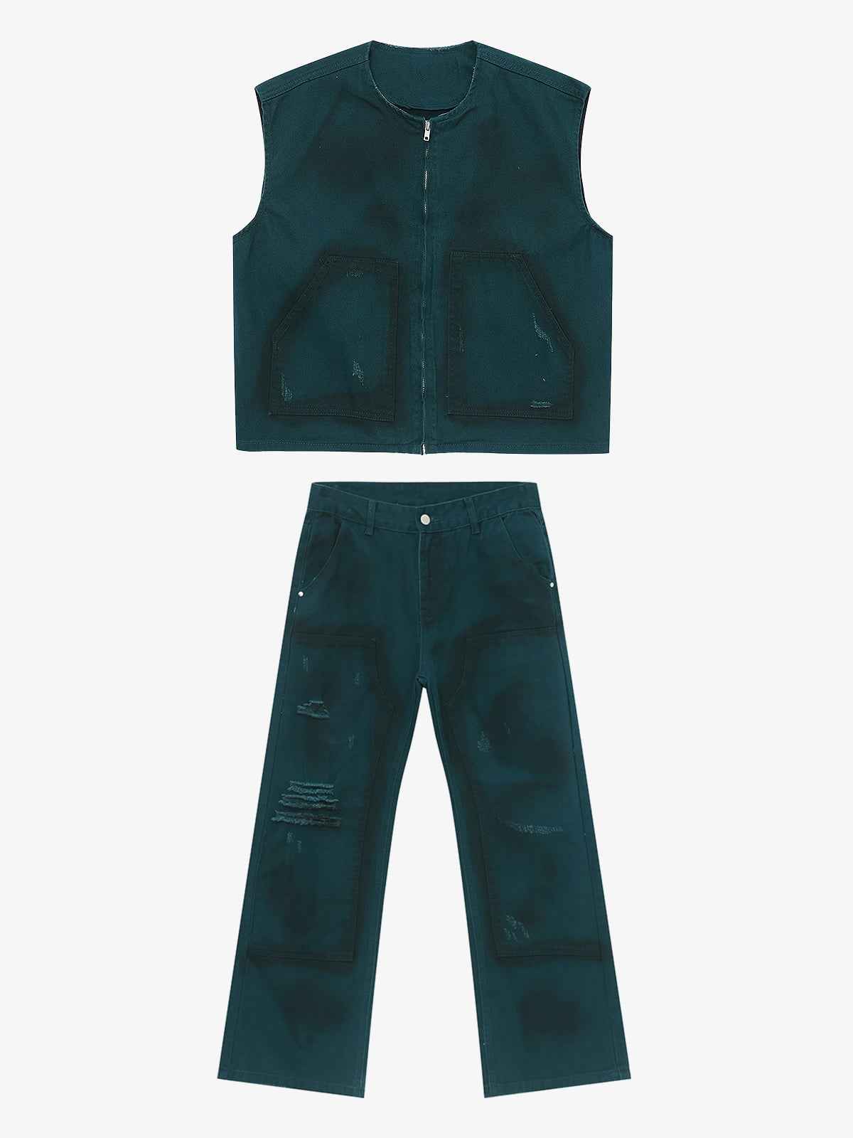 Airbrush Print Sleeveless Vest & Straight Leg Jeans Set