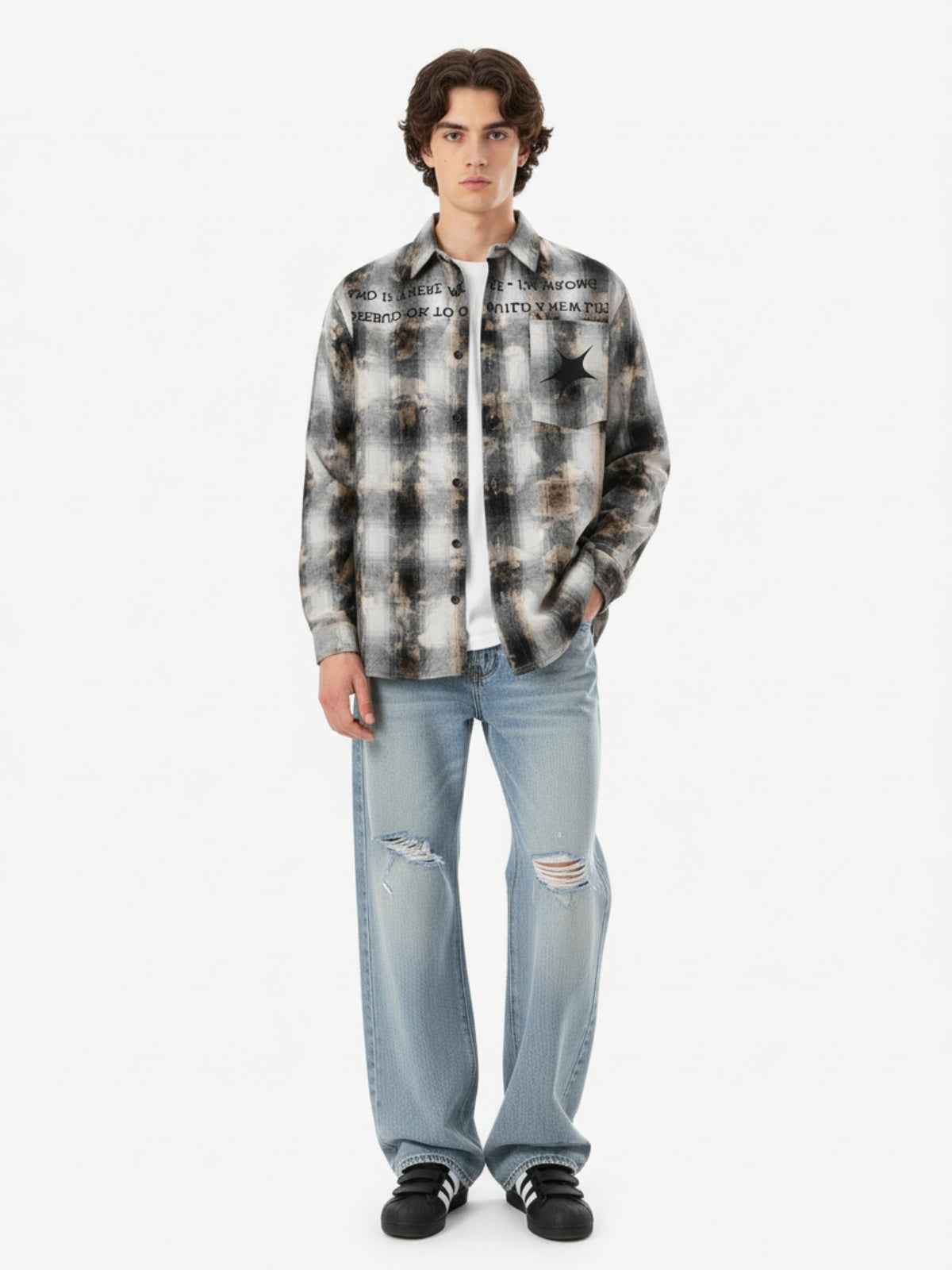 Streetwear Washed Distressed Plaid Long Sleeve Shirt