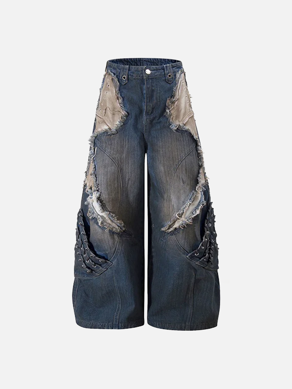 Vintage Ripped Washed Patchwork Denim Jeans - Luxuryurbanwear
