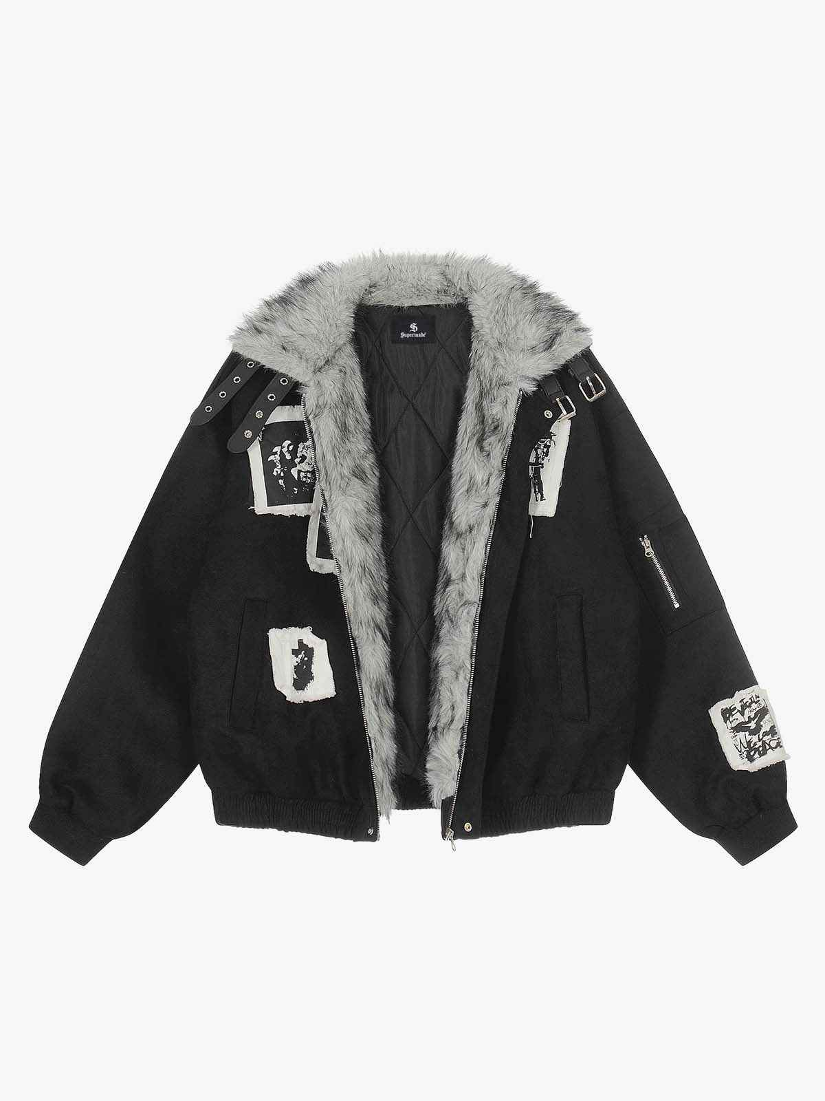 Faux Fur Collar Patchwork Embroidered Quilted Jacket
