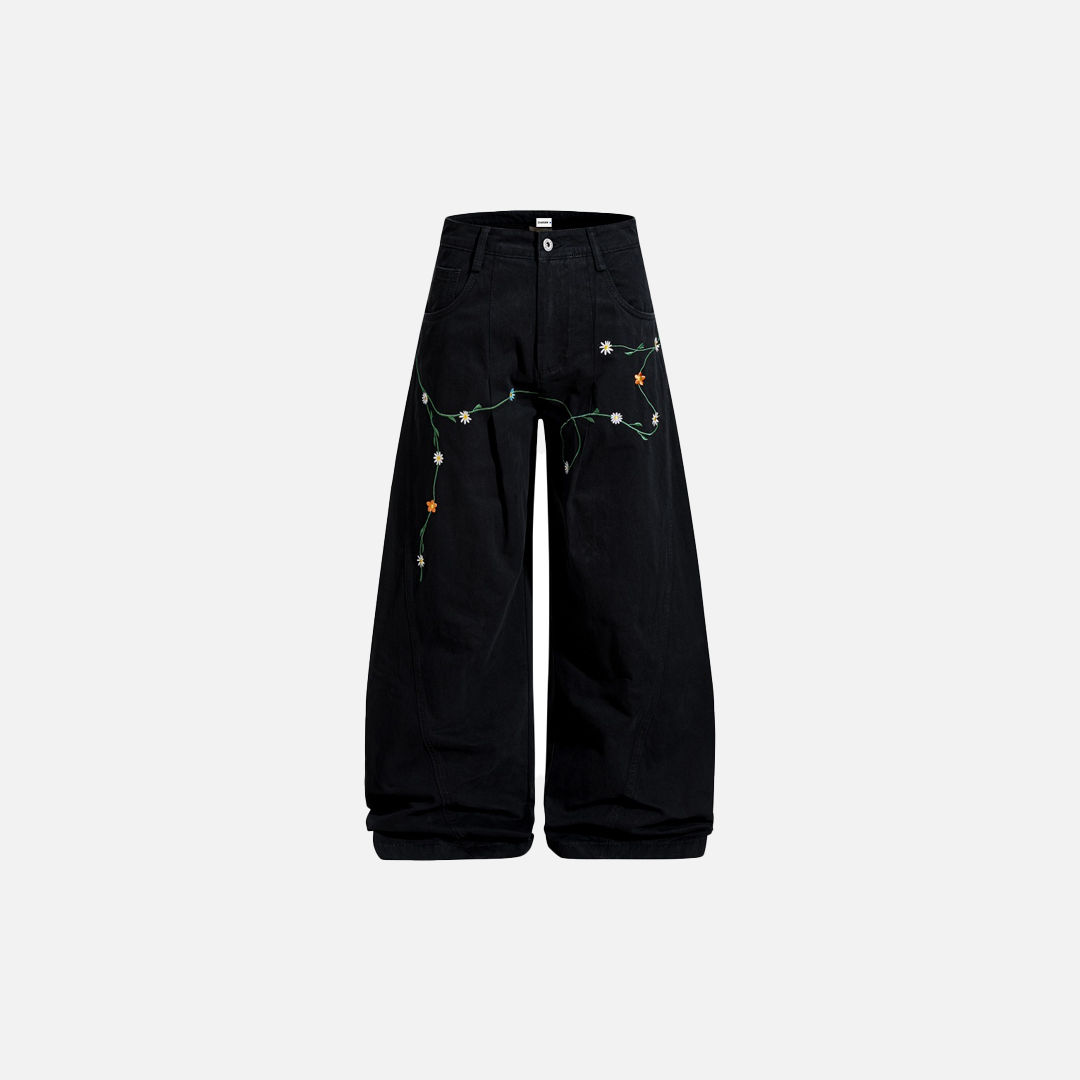 Y2K Luxury Floral Embroidered Wide-Leg Jeans - Luxuryurbanwear