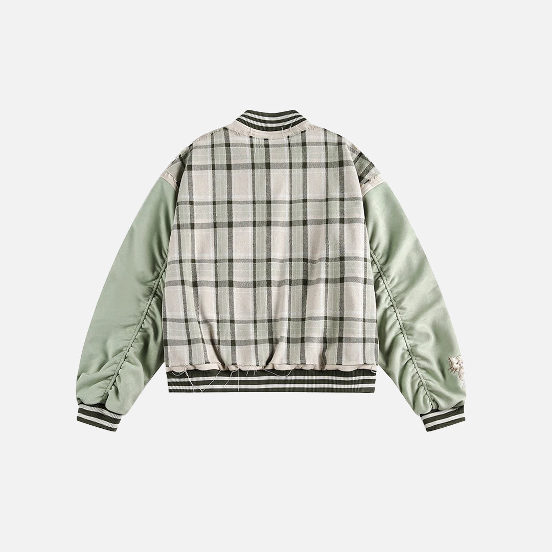 Trendy Embroidered Patchwork Plaid Varsity Jacket - Luxuryurbanwear